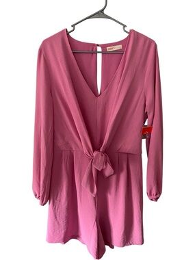 Intempo Pink Tie‑Front Romper – Long Sleeve – Deep V‑Neck – Size Large – NWT